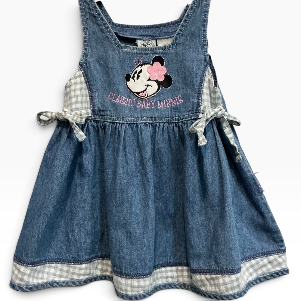 Vintage Disney Baby Mickey Co Minnie Mouse Denim Dress 24M Y2K Gingham Bows